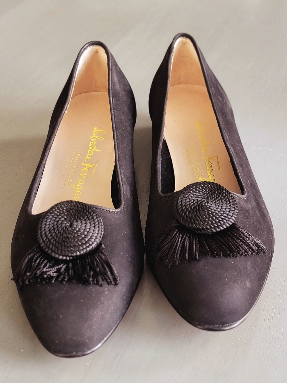 Salvatore Ferragamo Boutique Black Satin Tassel Passementerie Flats 4.5 B